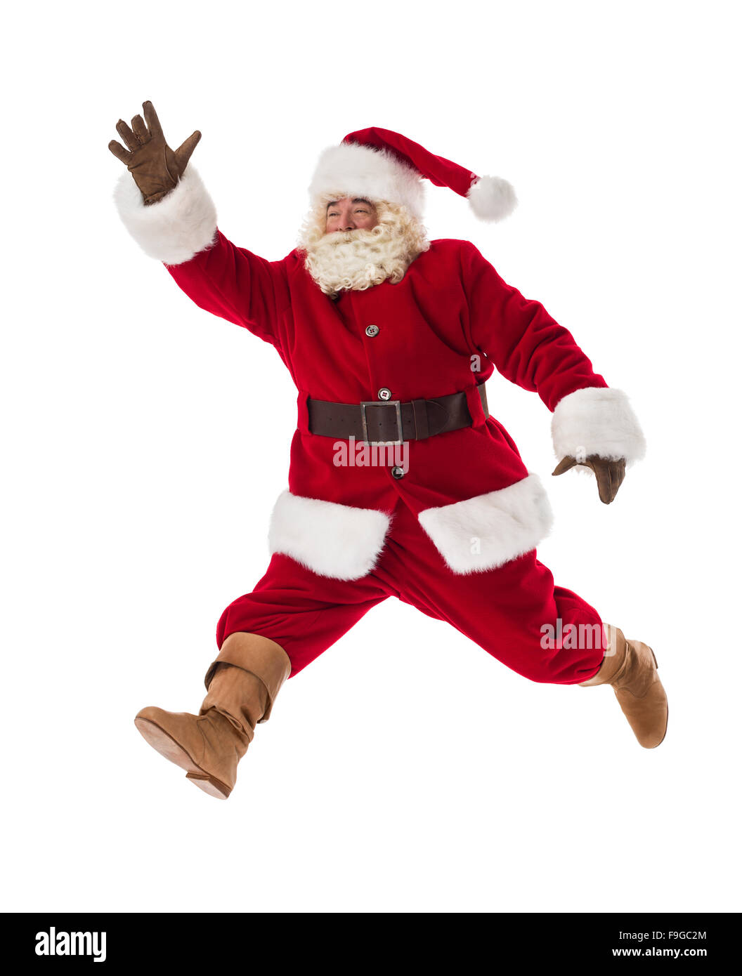 Santa Claus läuft schnell und Gestikulieren mit seiner hand voller Portrait Stockfoto