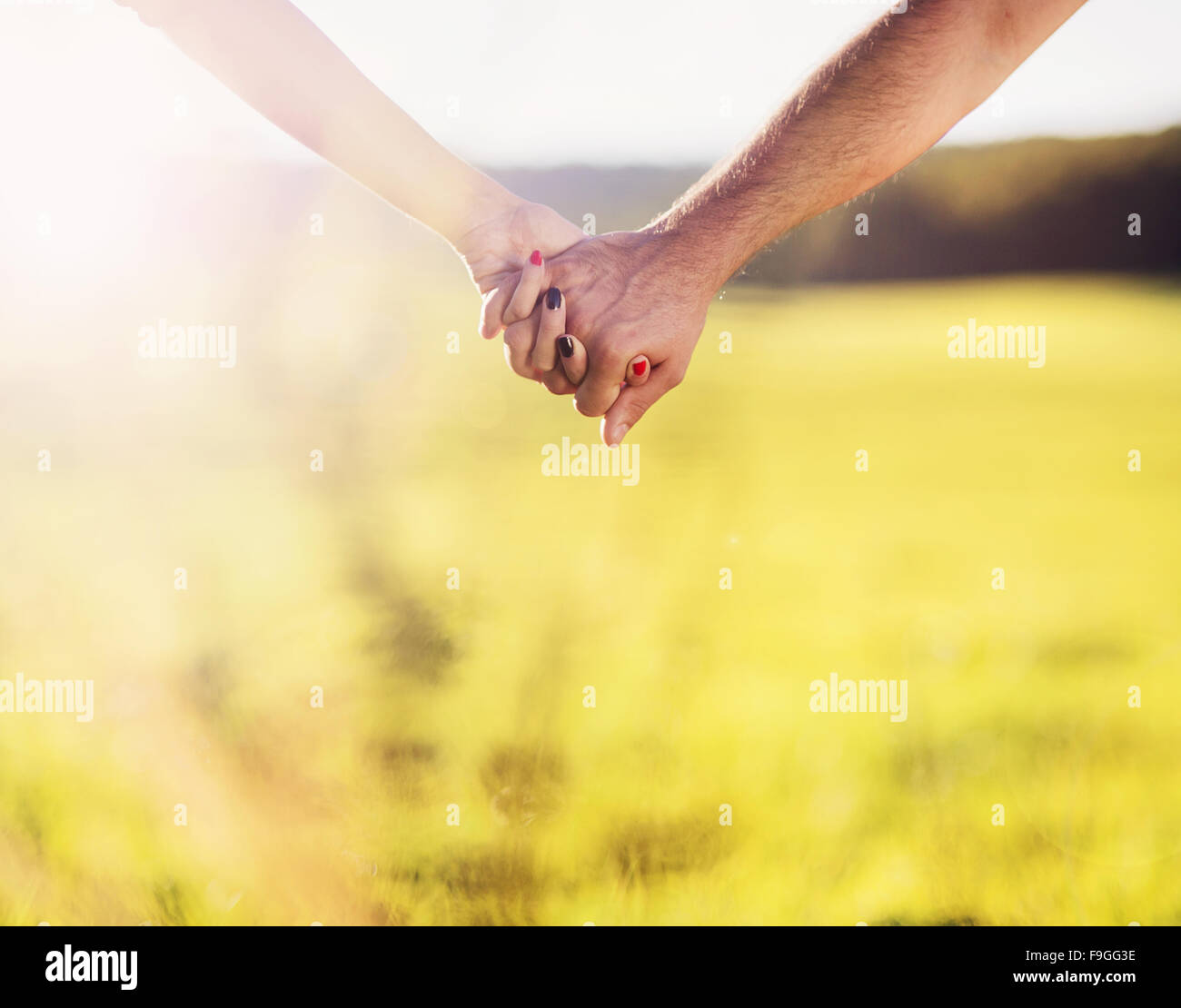 Halten Hände des jungen Brautpaares Spaß außerhalb in einem park Stockfoto