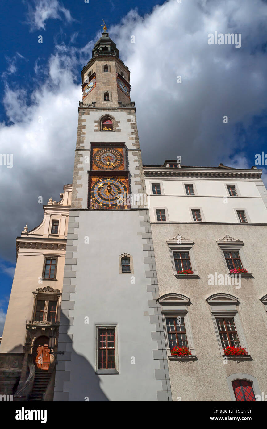 Turm des alten Rathauses, zwei Uhrtürme, Görlitz, Oberlausitz, Sachsen, Deutschland Stockfoto