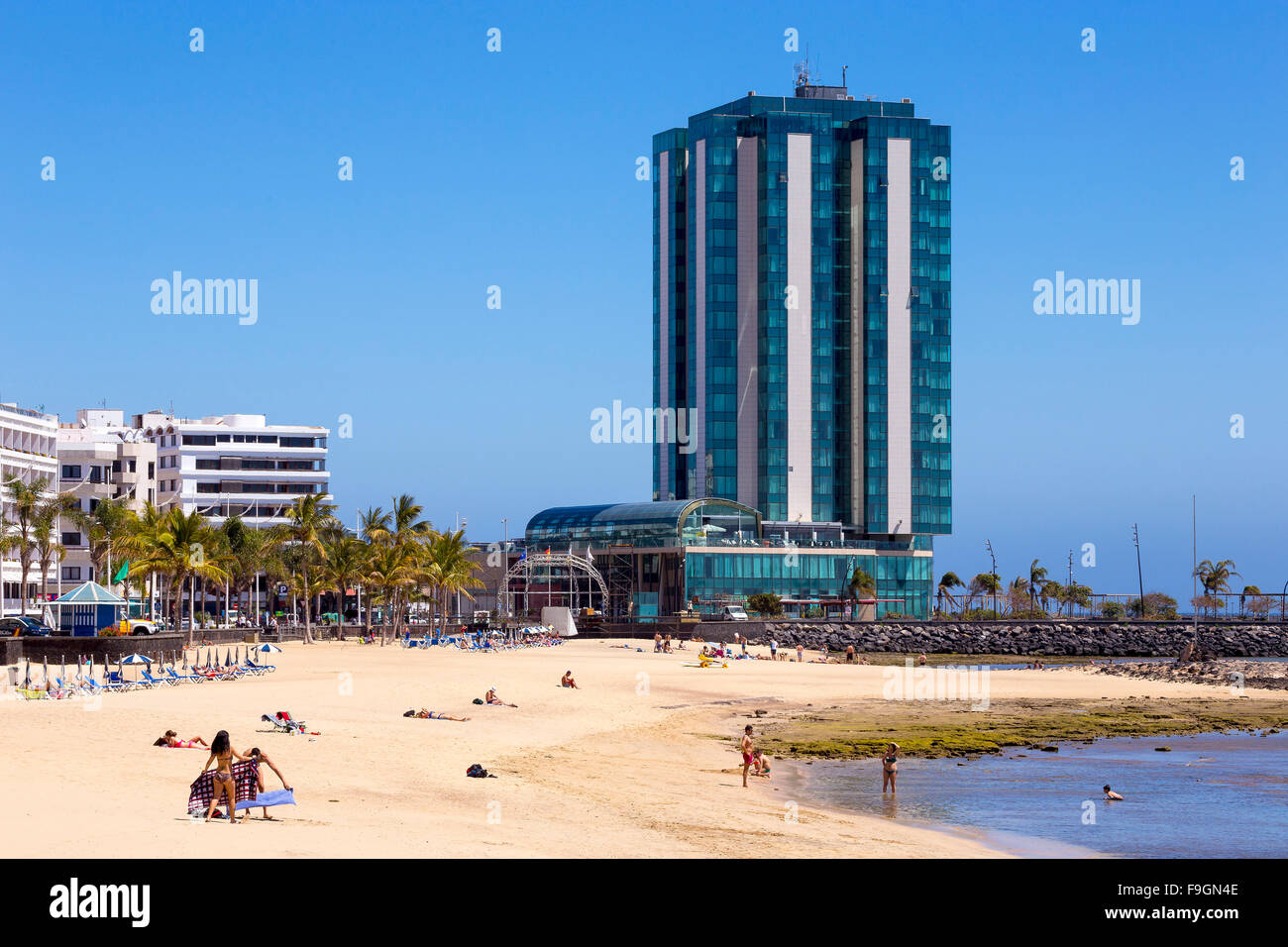 Playa del Reducto, Stadtstrand von Arrecife, Lanzarote, Kanarische Inseln, Spanien Stockfoto