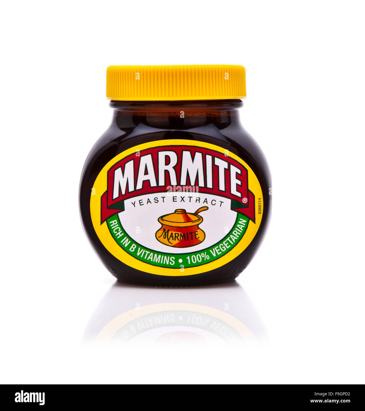 Marmite Jar auf weißem Hintergrund Stockfoto