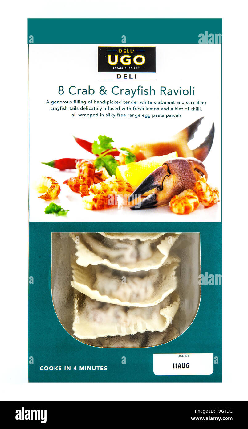Paket von UGO Deli 8 Krabben und Krebse Ravioli auf weißem Hintergrund Stockfoto