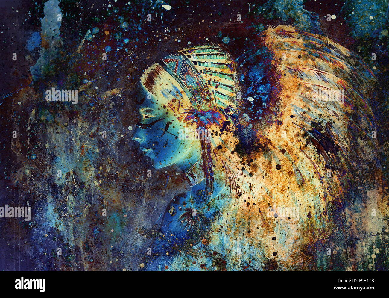 Collage-Bild einer jungen indischen Frau trägt einen wunderschöne Feder Kopfschmuck. Stockfoto