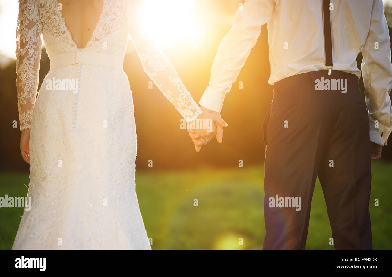 Junge Paar Hand in Hand Hochzeit, genießen sie romantische Momente außerhalb auf einer Sommerwiese Stockfoto