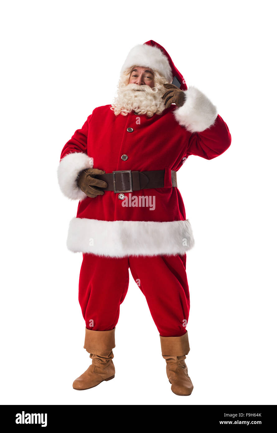 Santa Claus per Telefon Full Length Portrait sprechen. Isolated on White Background Stockfoto