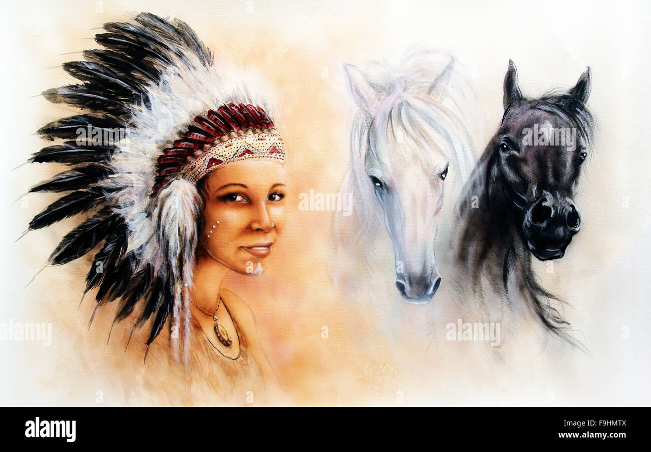 schöne Illustration, Malerei einer jungen indischen Frau trägt einen wunderschöne Feder Kopfschmuck, mit einem Bild von schwarzen und weißen Pferd, Blickkontakt Stockfoto