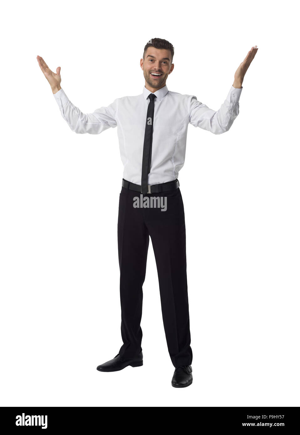 Geschäftsmann mit ausgestreckten Händen Full Length Portrait isoliert auf weißem Hintergrund Stockfoto
