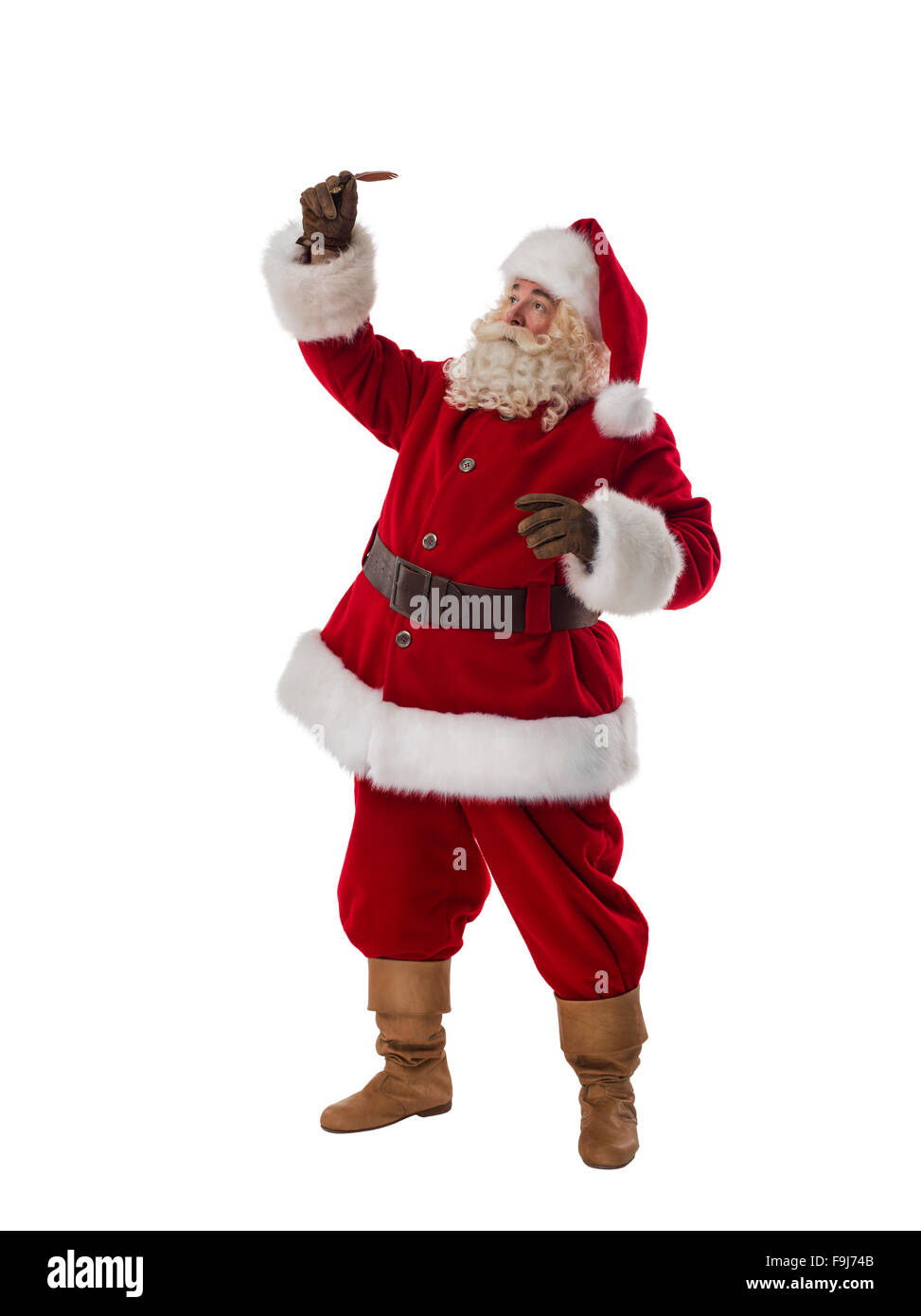 Santa Claus mit Federkiel Full Length Portrait isoliert auf weißem Hintergrund Stockfoto