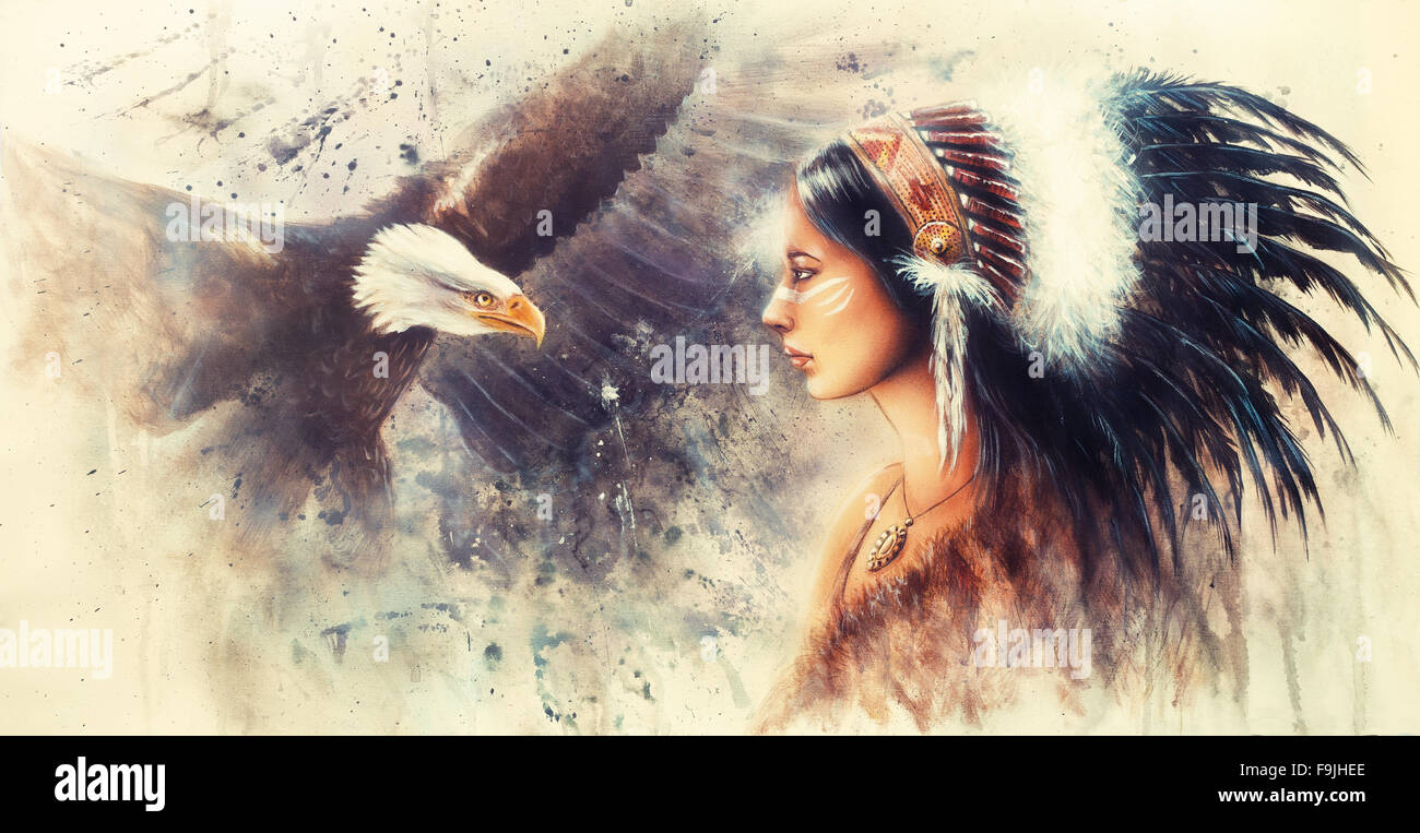 junge indische Frau trägt einen wunderschöne Feder Kopfschmuck, mit einem Bild Adler Geistern, Profilbildnis Stockfoto