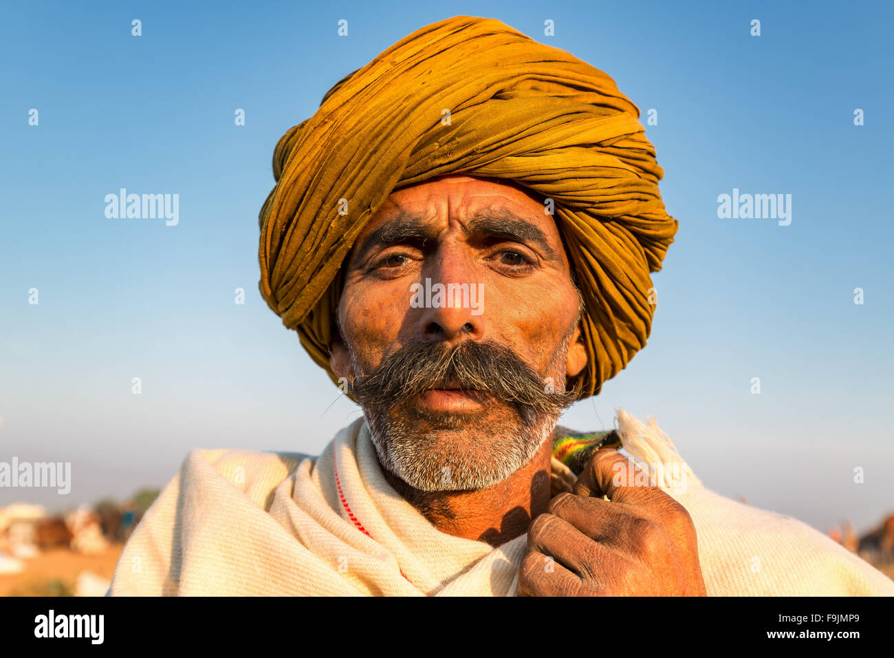 Porträt von einem senior Rajasthani mit einem gelben Turban, Pushkar, Rajasthan, Indien Stockfoto