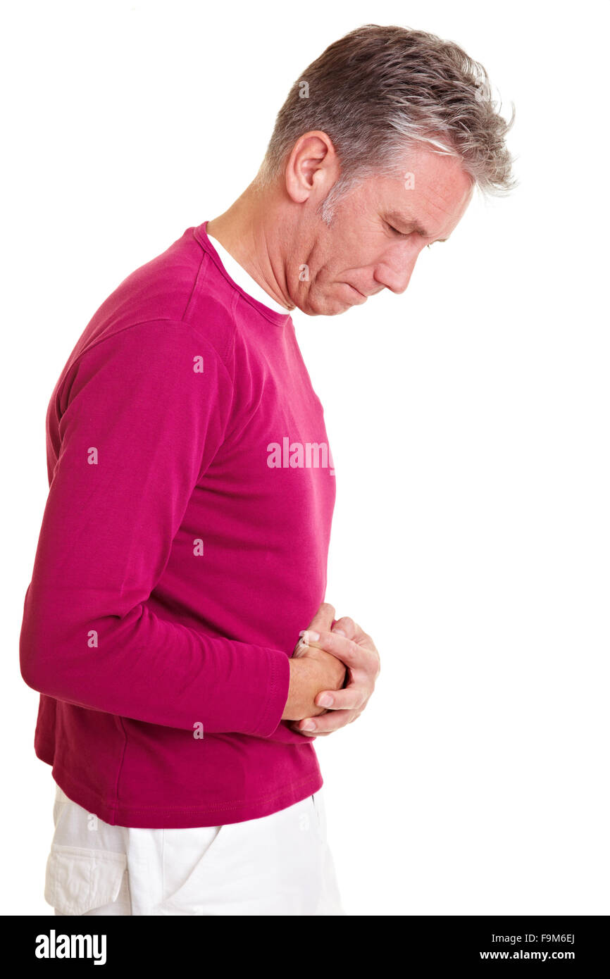 Mann mit Bauchweh hält seine schmerzenden Magen Stockfoto