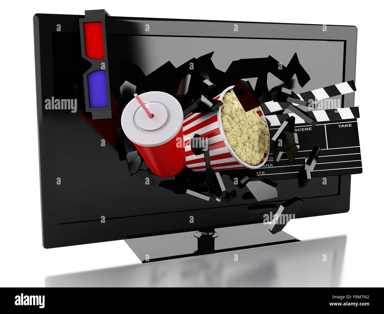 3D Renderer Abbildung. 3D TV led, Popcorn, Getränk und Clapper Board. Kinematographie Konzept. Isolierten weißen Hintergrund Stockfoto