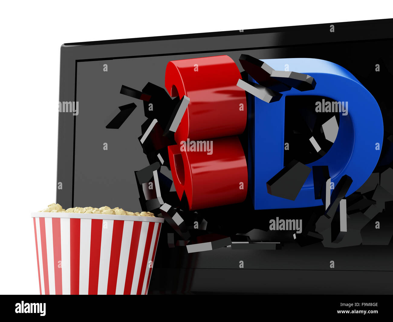 3D Renderer Abbildung. 3D TV geführt und Popcorn. Kinematographie Konzept. Isolierten weißen Hintergrund Stockfoto