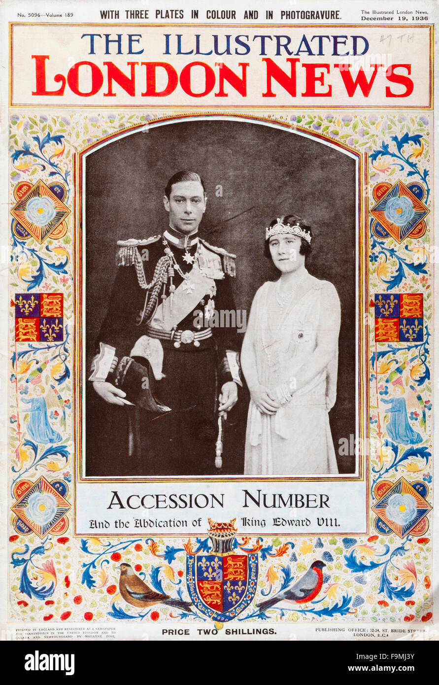 Die Illustrated London News Magazin für Dezember 1936 anlässlich der Thronbesteigung von König George VI nach der Abdankung seines Bruders König Edward VIII. Stockfoto