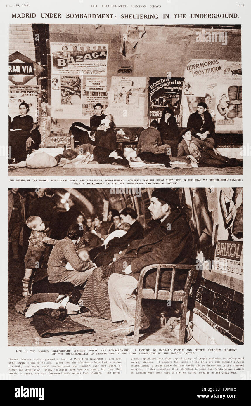 Madrid, Spanien, Dezember 1936. Fotografien aus The Illustrated London News Magazin zeigt Flüchtlinge und Obdachlose unter Unterschlupf in der Gran Via u-Bahn (Metro) während des spanischen Bürgerkriegs Stockfoto