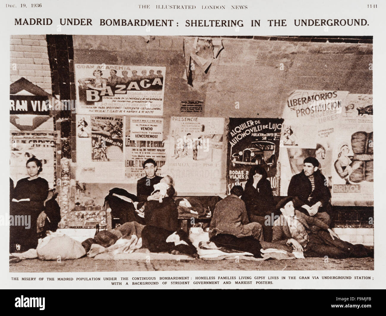 Madrid, Spanien, Dezember 1936. Ein Foto aus The Illustrated London News Magazin zeigt Flüchtlinge und Obdachlose unter Unterschlupf in der Gran Via u-Bahn (Metro) während des spanischen Bürgerkriegs Stockfoto