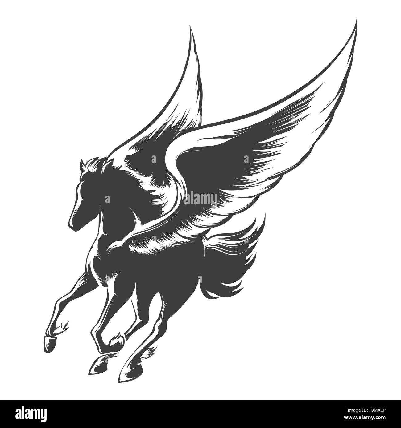 Geflügelten Pferd Pegasus. Abbildung in Gravur Stil. Stock Vektor
