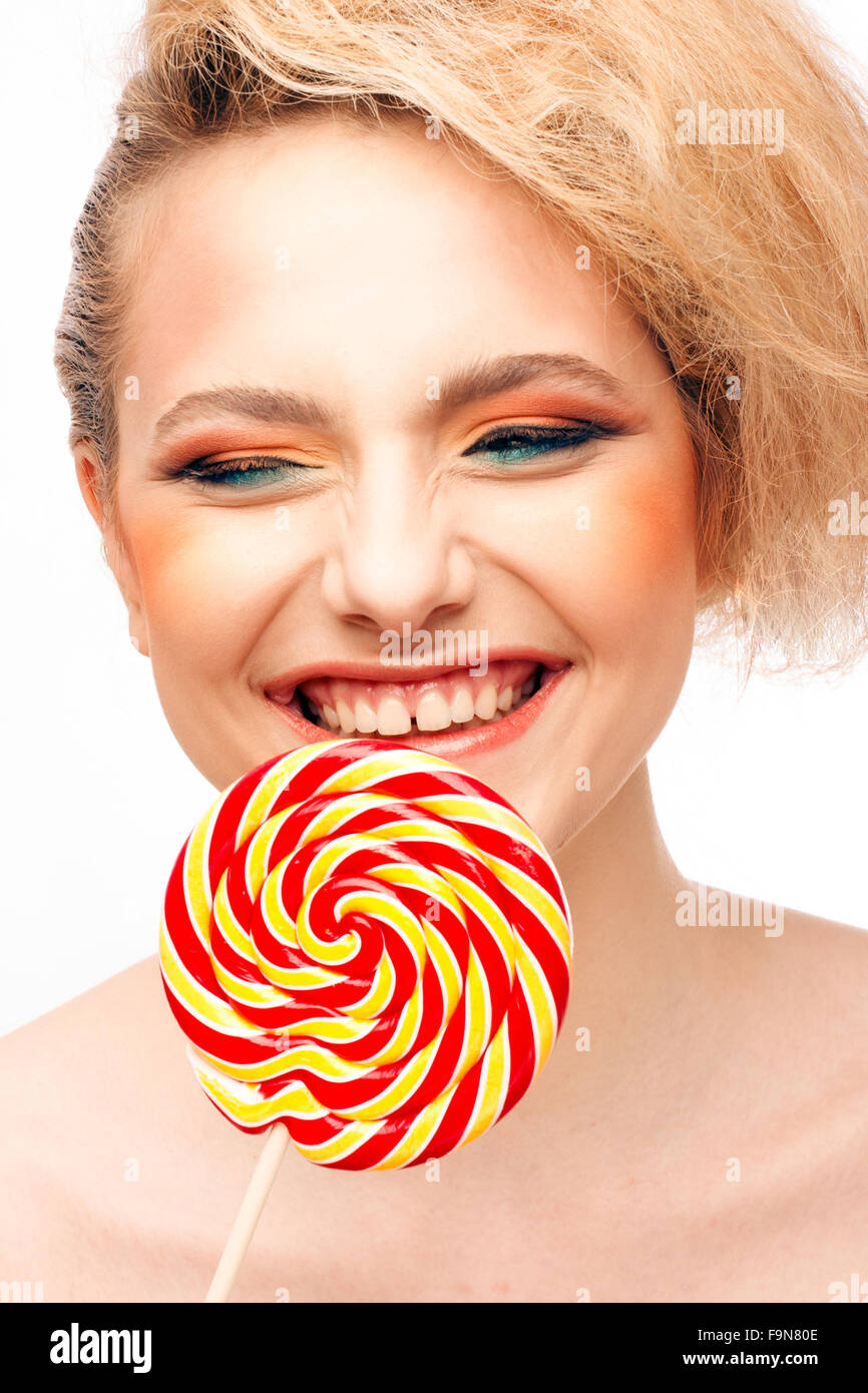 Porträt von schönen Mädchen mit großen lollipop Stockfoto
