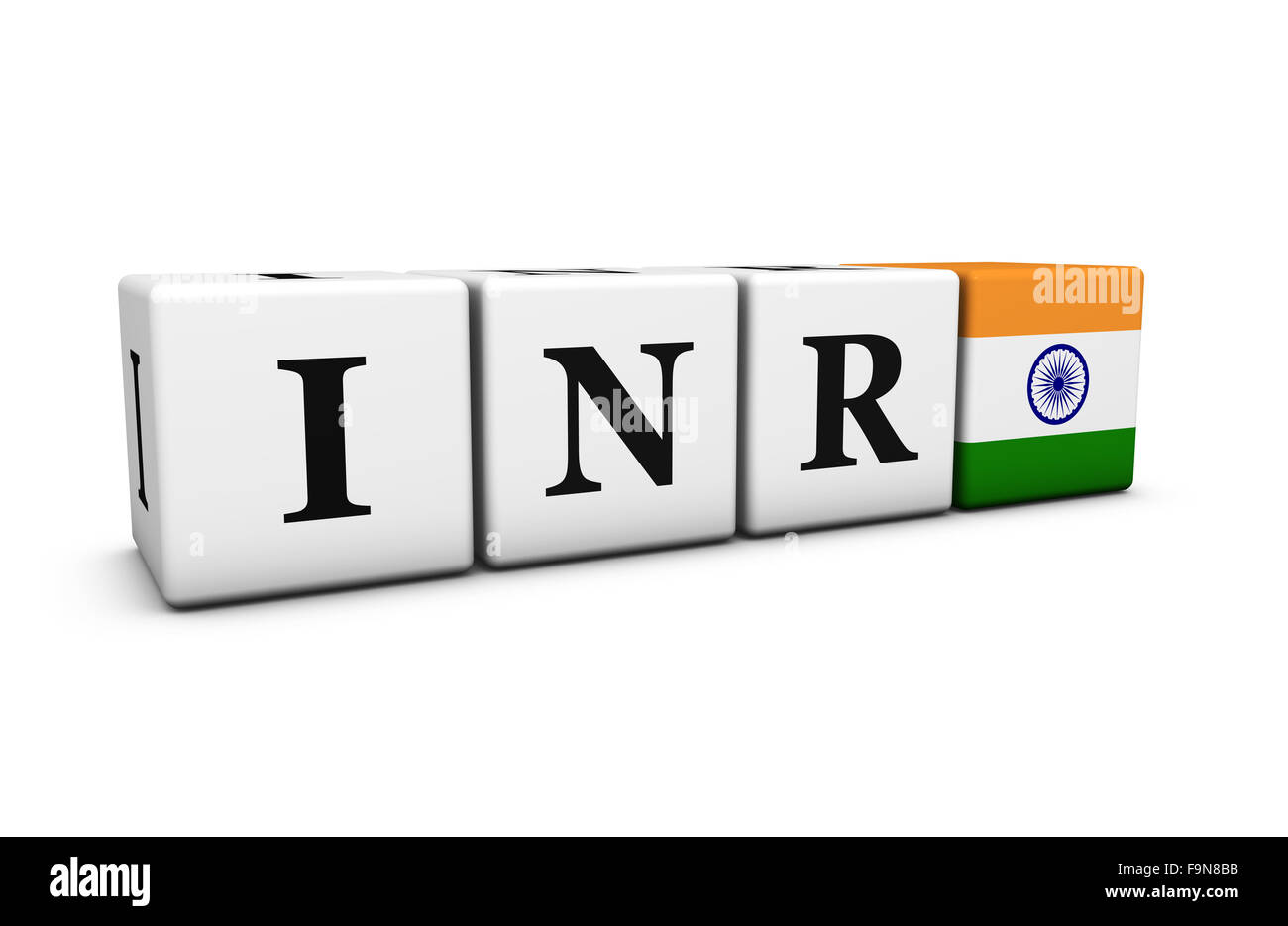 Indische Rupie Wechselkurse, Börse und Aktien Finanzkonzept mit INR-Code-Zeichen und Flagge Indiens auf Würfel. Stockfoto