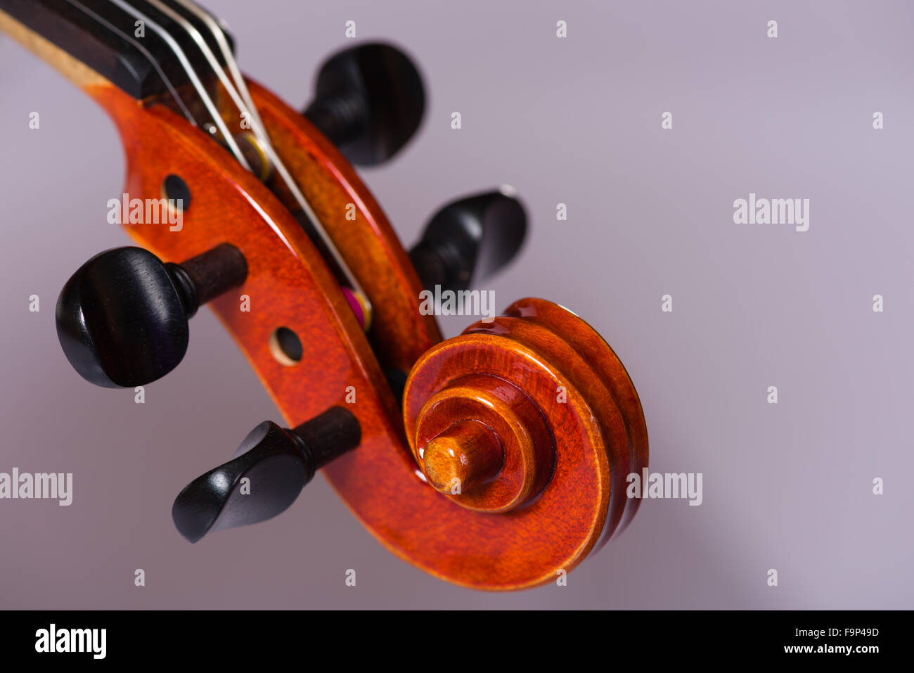 Eine Nahaufnahme der Details einer Violine. Stockfoto