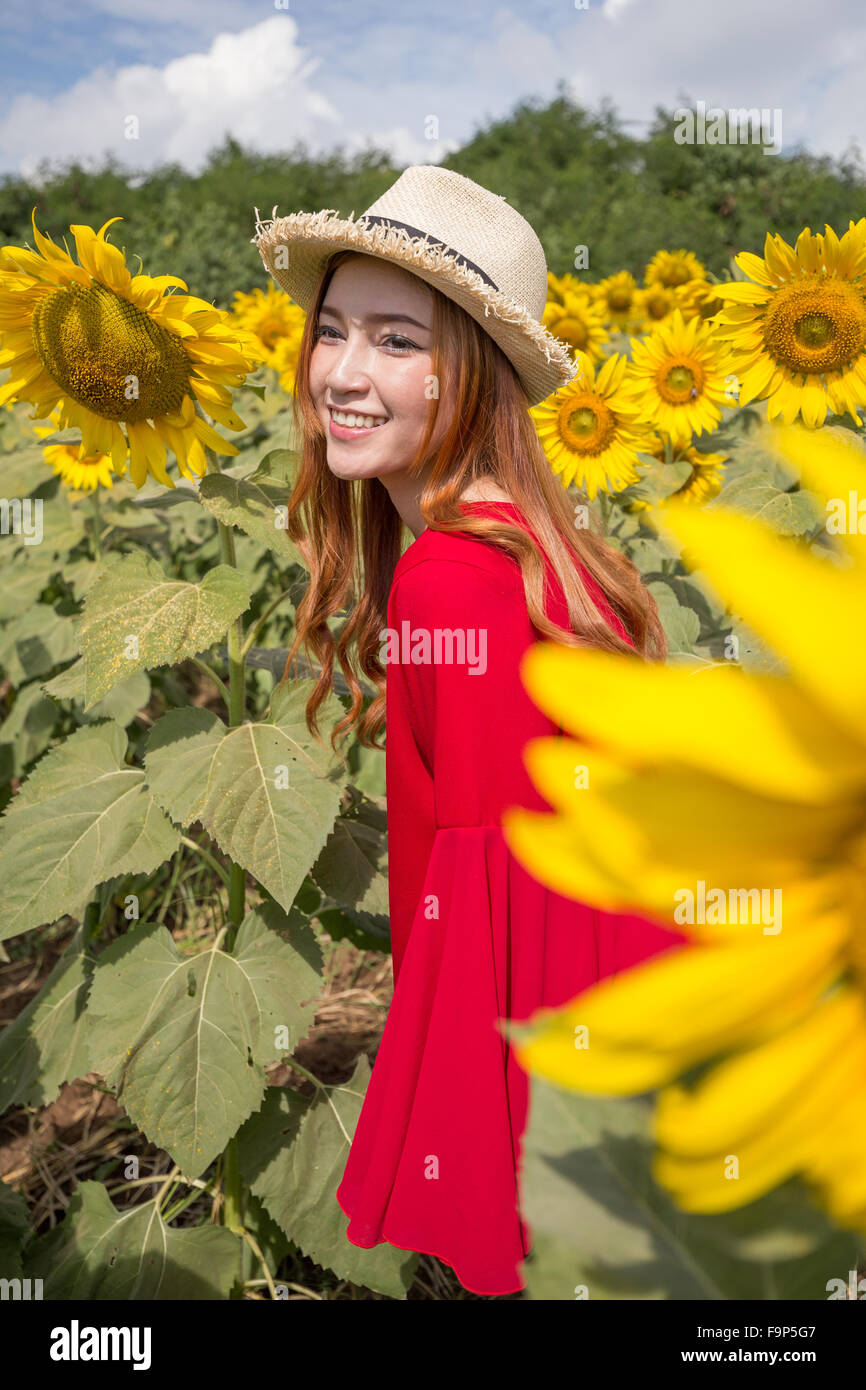 schöne Frau glücklich und genießen Sie im Sonnenblumenfeld Stockfoto