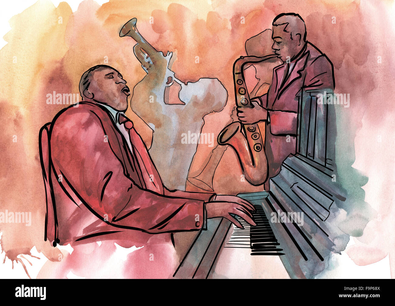 Jazz-Performance. Jazz-Trio spielt Musik. Pianist, Saxophonist und Trompeter. Stockfoto