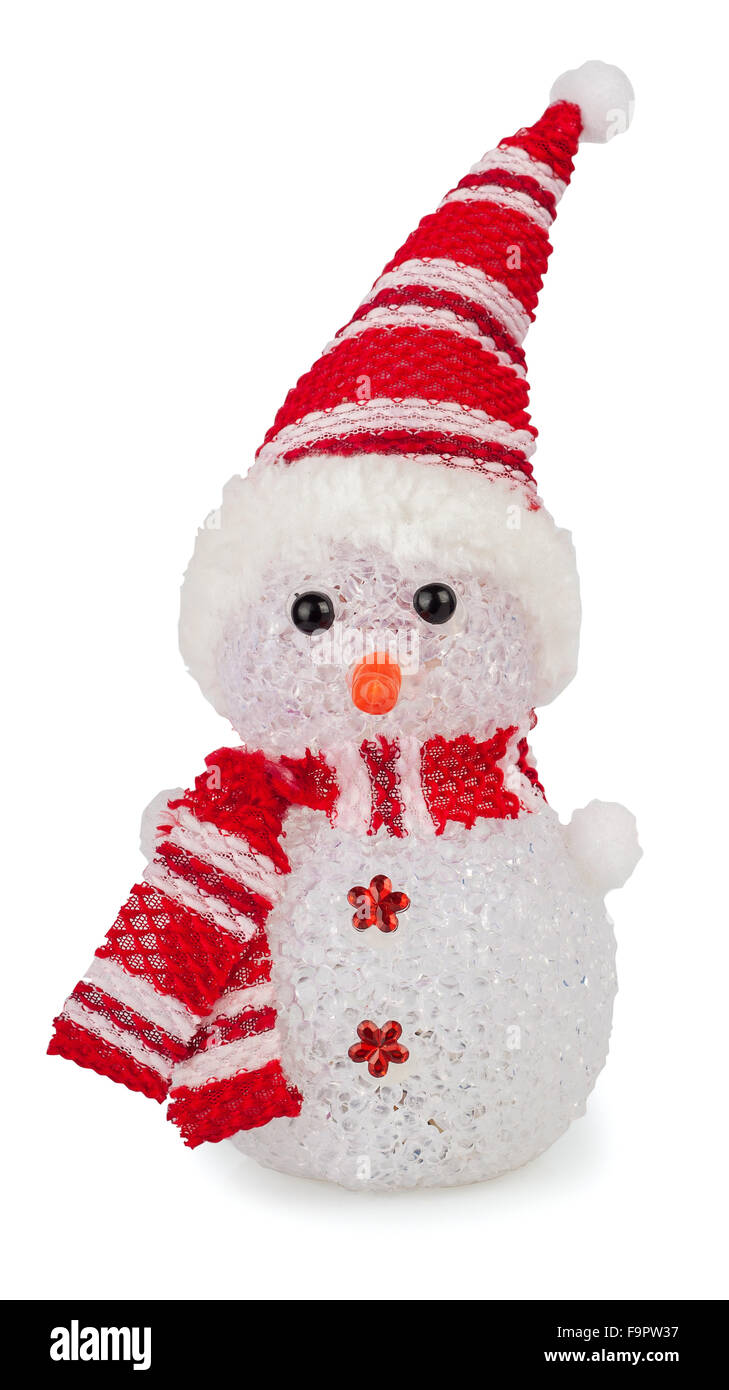 Spielzeug-Schneemann mit Hut und Schal isoliert auf weißem Hintergrund Stockfoto