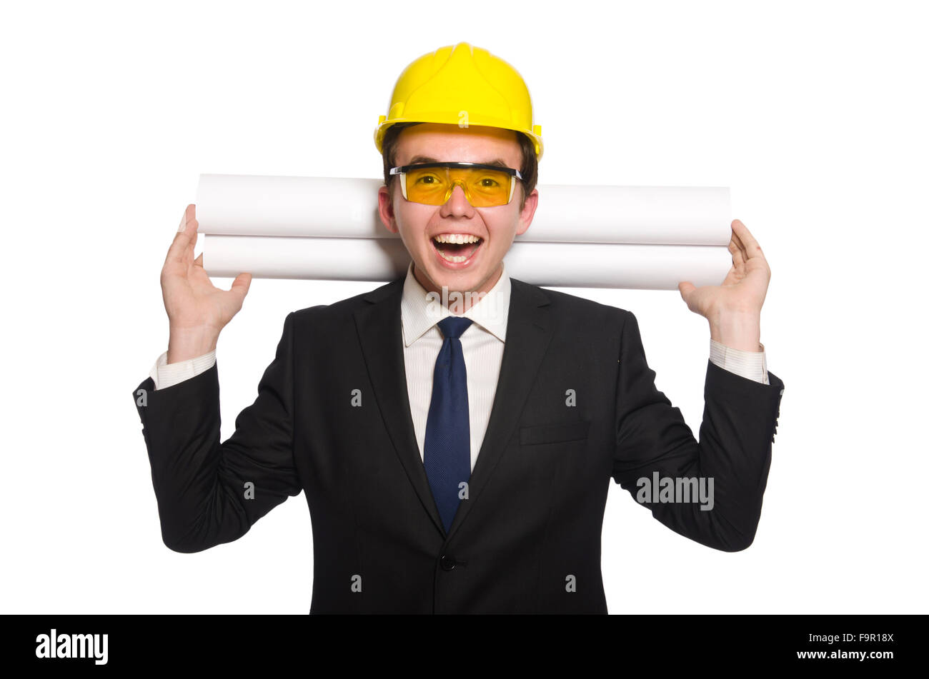 Lustige Architekt mit Zeichnungen auf weiß Stockfoto, Bild 92089674