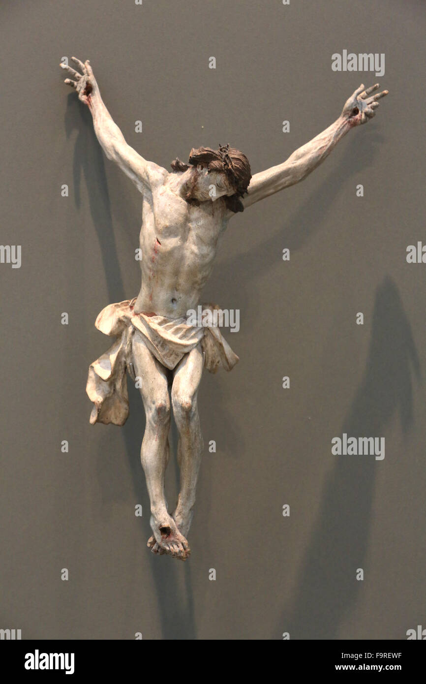 Hieron Museum. Christus am Kreuz. Holz (Linden) geschnitzt und Polychrom. 18. Jahrhundert. Stockfoto