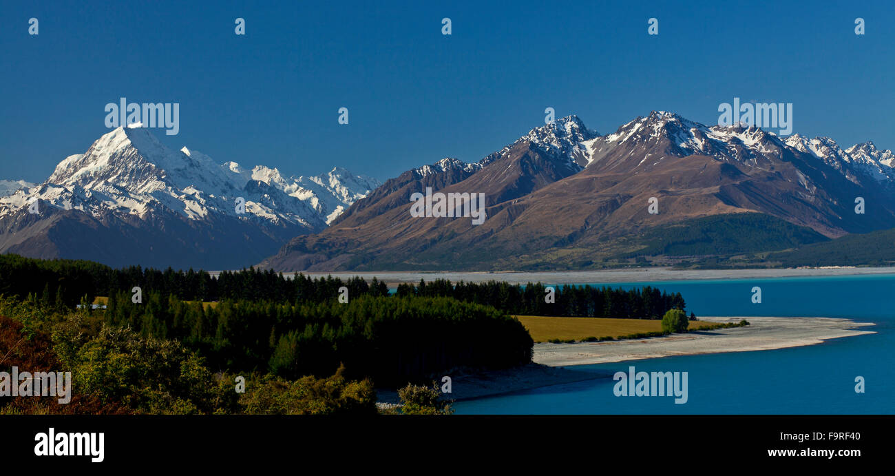 Lake Pukaki und Mount Cook Nationalpark, Südinsel, Neuseeland. Stockfoto