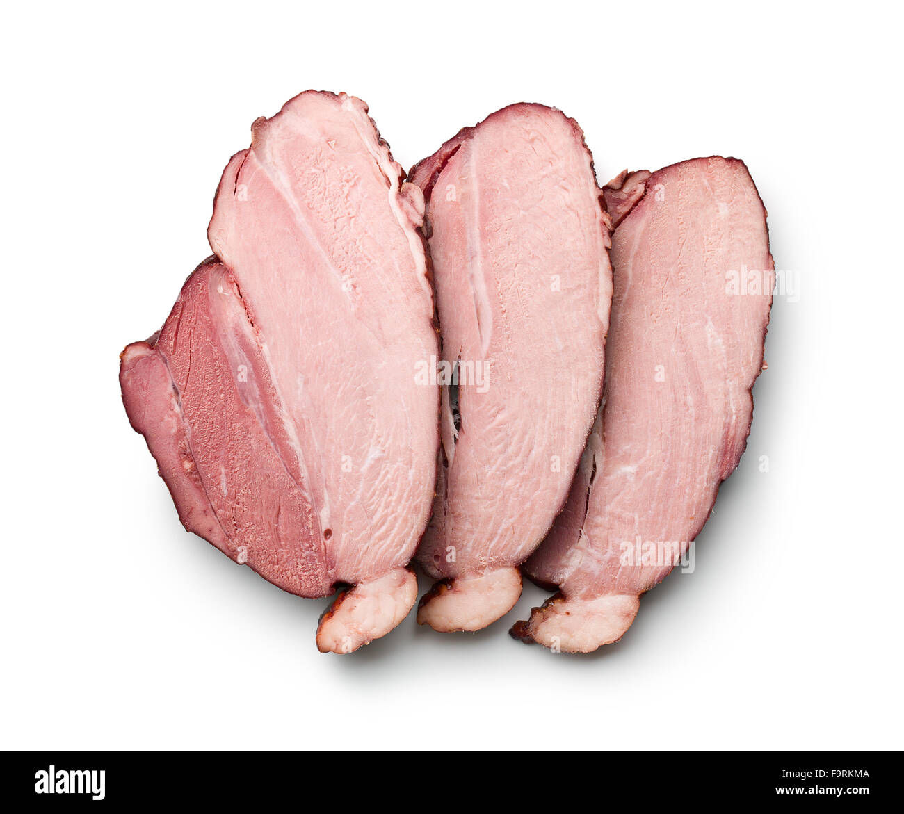 Geräucherte Schweinefleisch auf weißem Hintergrund Stockfoto