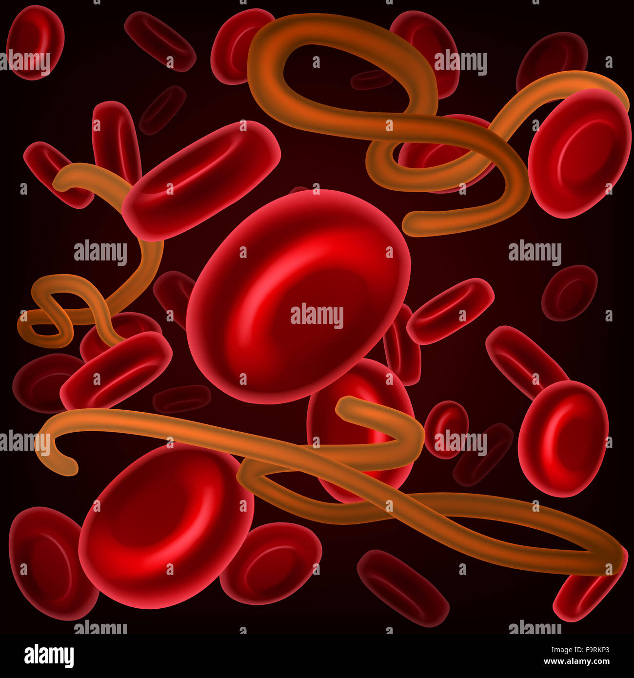 Eine medizinische Illustration, einen mikroskopischen Blick auf eine Krankheit Virus Zellen oder Bakterien Keime und roten menschlichen Blutzellen Stockfoto