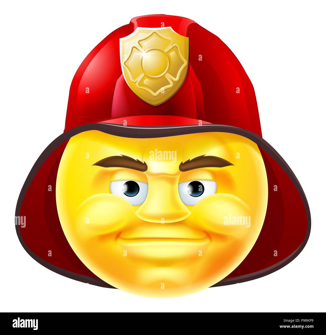 Ein Feuerwehrmann Emoji Emoticon Smiley Gesicht Zeichentrickfigur in einem roten Helm Stockfoto
