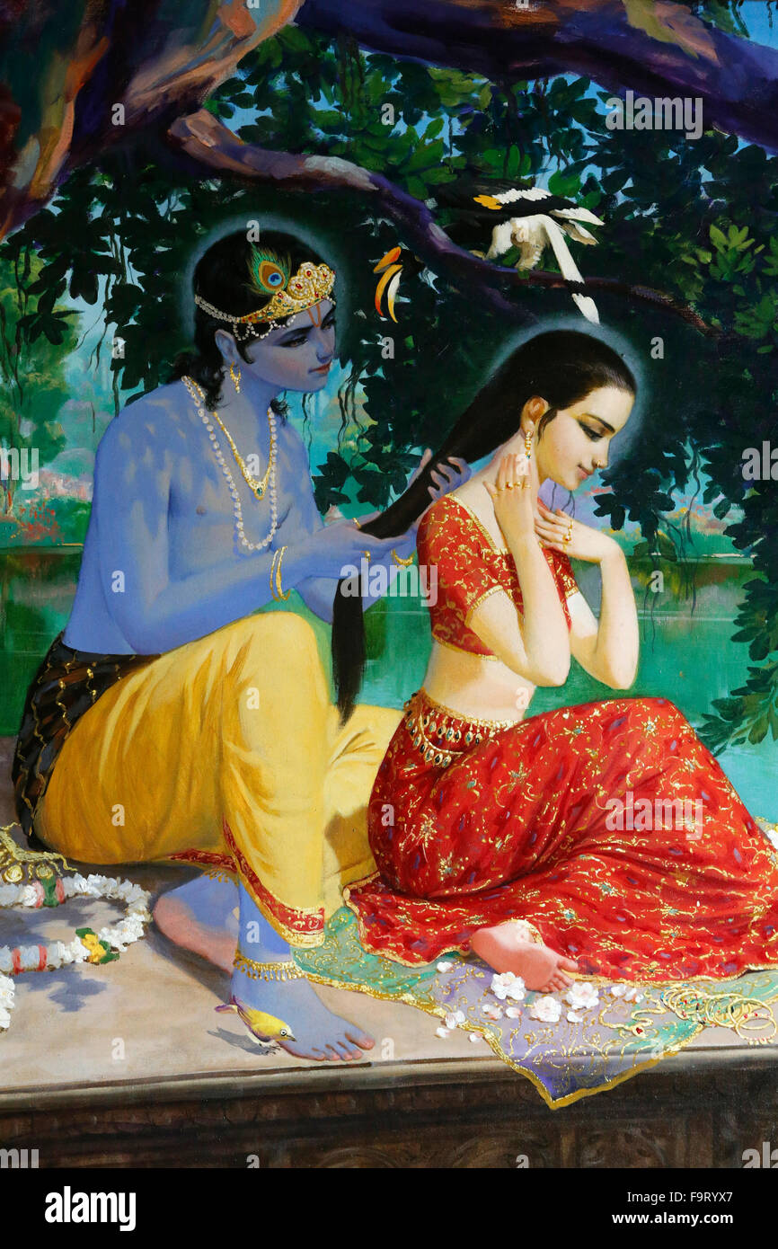 Religiöse Malerei an der ISKCON: Krishna und Radha. Stockfoto