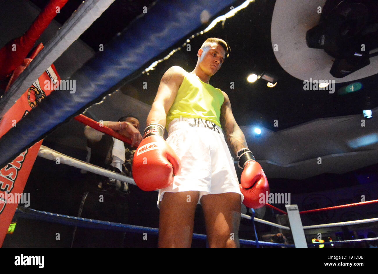 Jack Bellingham Profi-Boxer aus Plymouth, Devon UK (gelb) Stockfoto