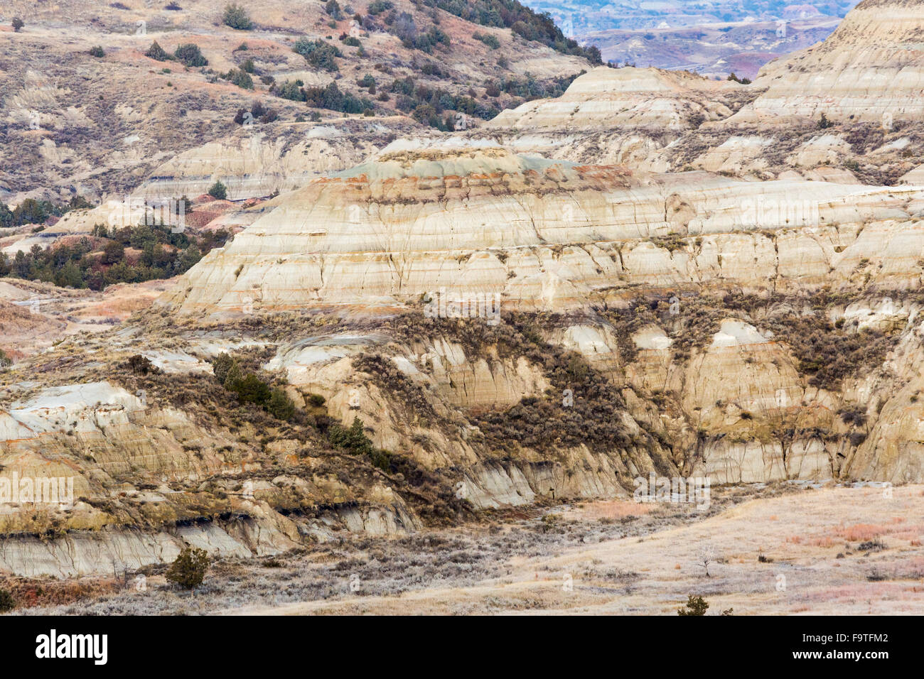 Badlands erstellen abstrakte Mustern im Theodore-Roosevelt-Nationalpark in North Dakota. Stockfoto