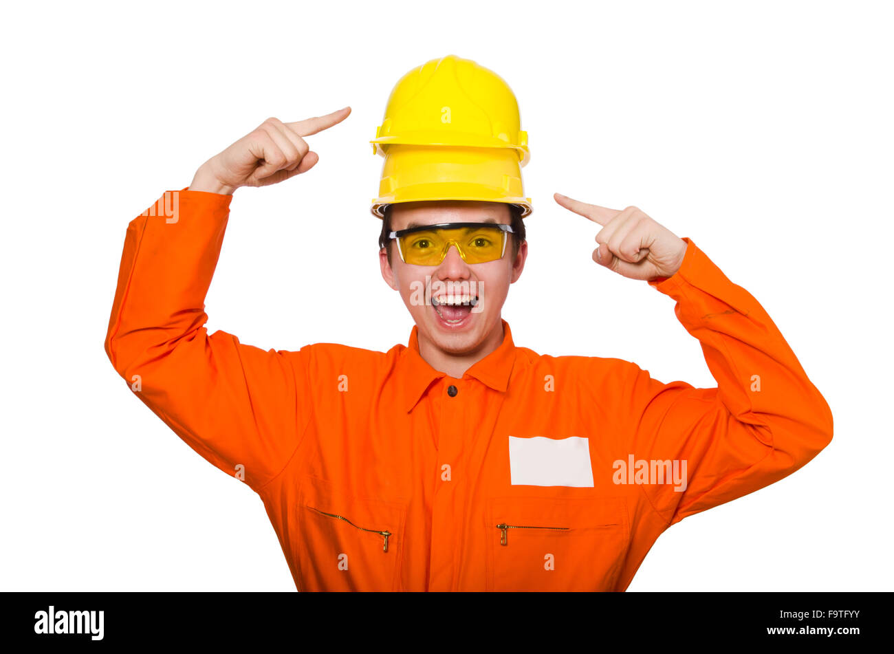 Mann in orange Overalls isoliert auf weiss Stockfoto