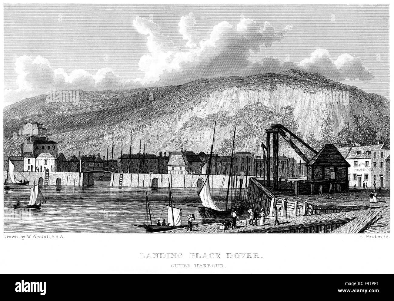 Gravur Landung Platz, Dover, Außenhafen mit hoher Auflösung aus einem Buch gescannt gedruckt im Jahre 1834. Kostenlos copyright geglaubt. Stockfoto