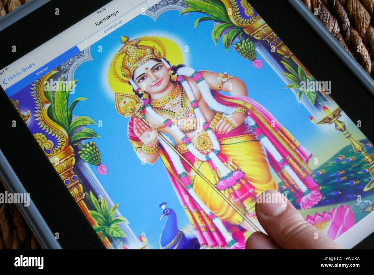 Hindu-Gottheit auf einem Ipad. Karthikeya. Stockfoto