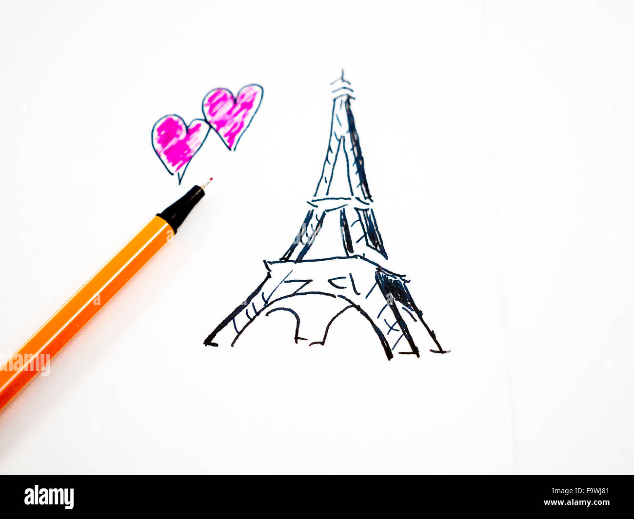 Eiffelturm und Herz, gezeichnet, Bleistift Stockfoto