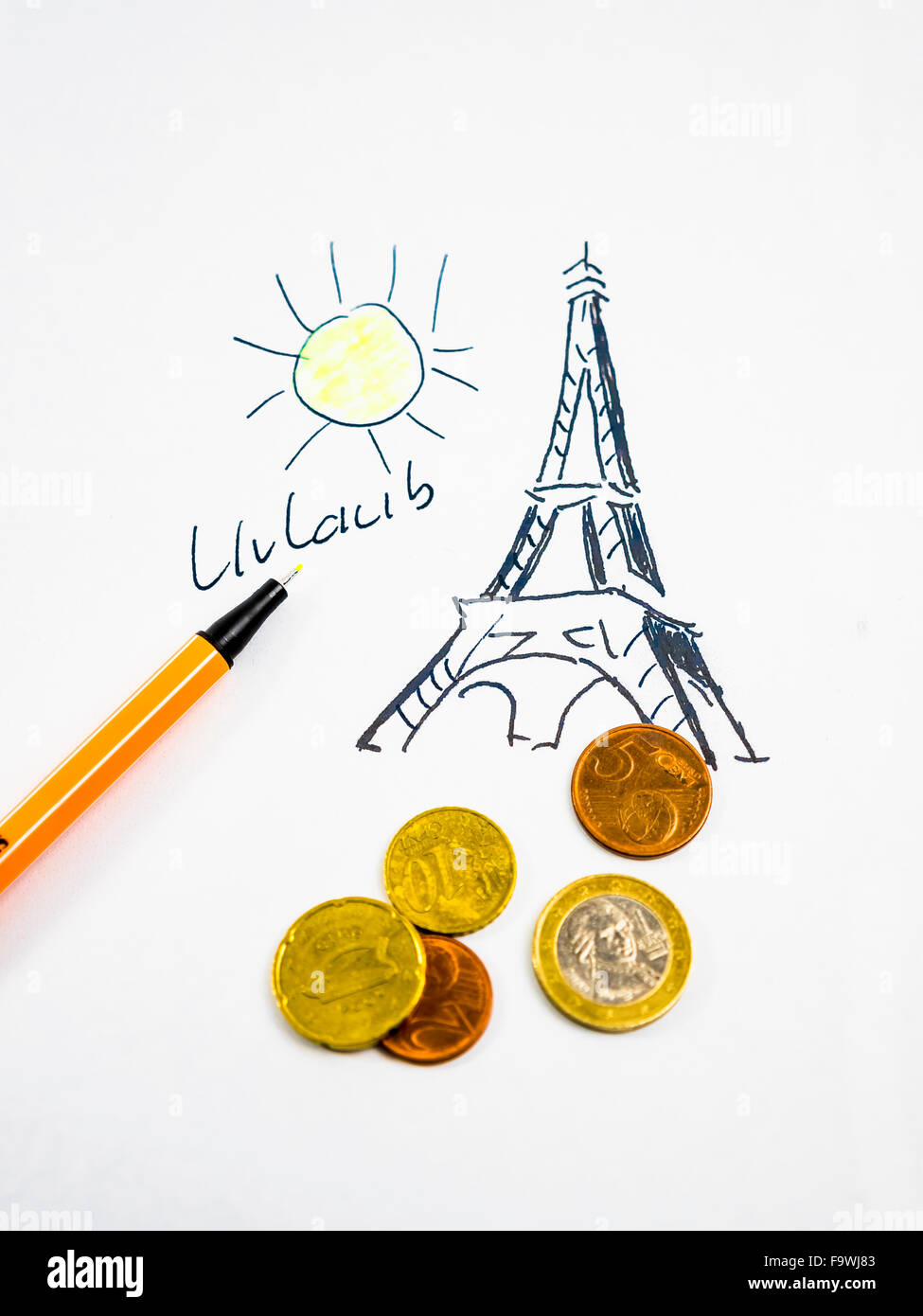 Eiffelturm in Paris, Urlaub, gezeichnet, Münzen, symbolischen Bild Stockfoto
