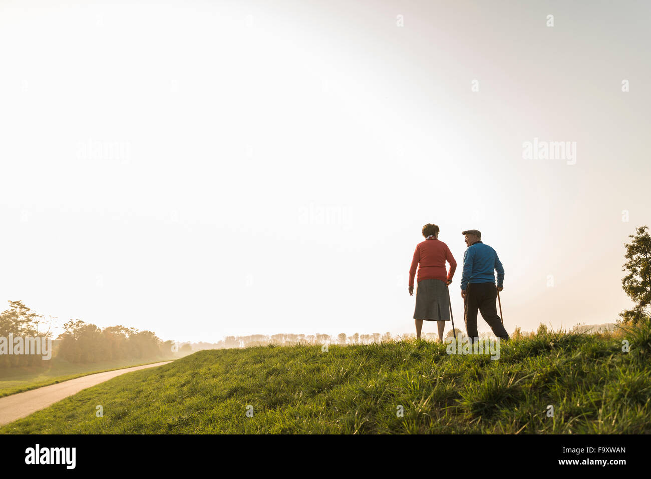 Älteres paar walking mit Stöcken in der Natur Stockfoto