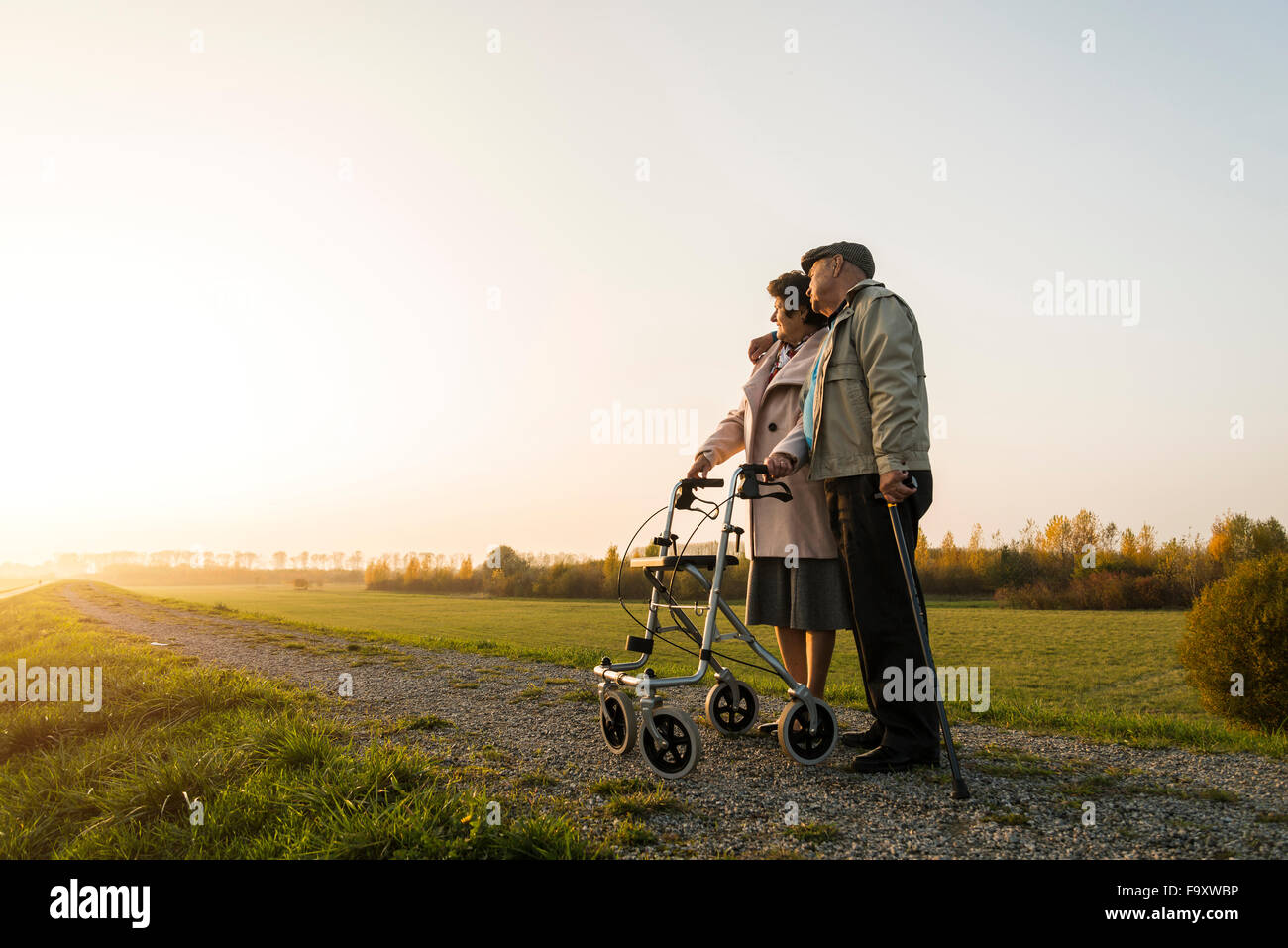 Älteres Paar mit Gehstock und Rädern Walker stehen in der Natur Stockfoto