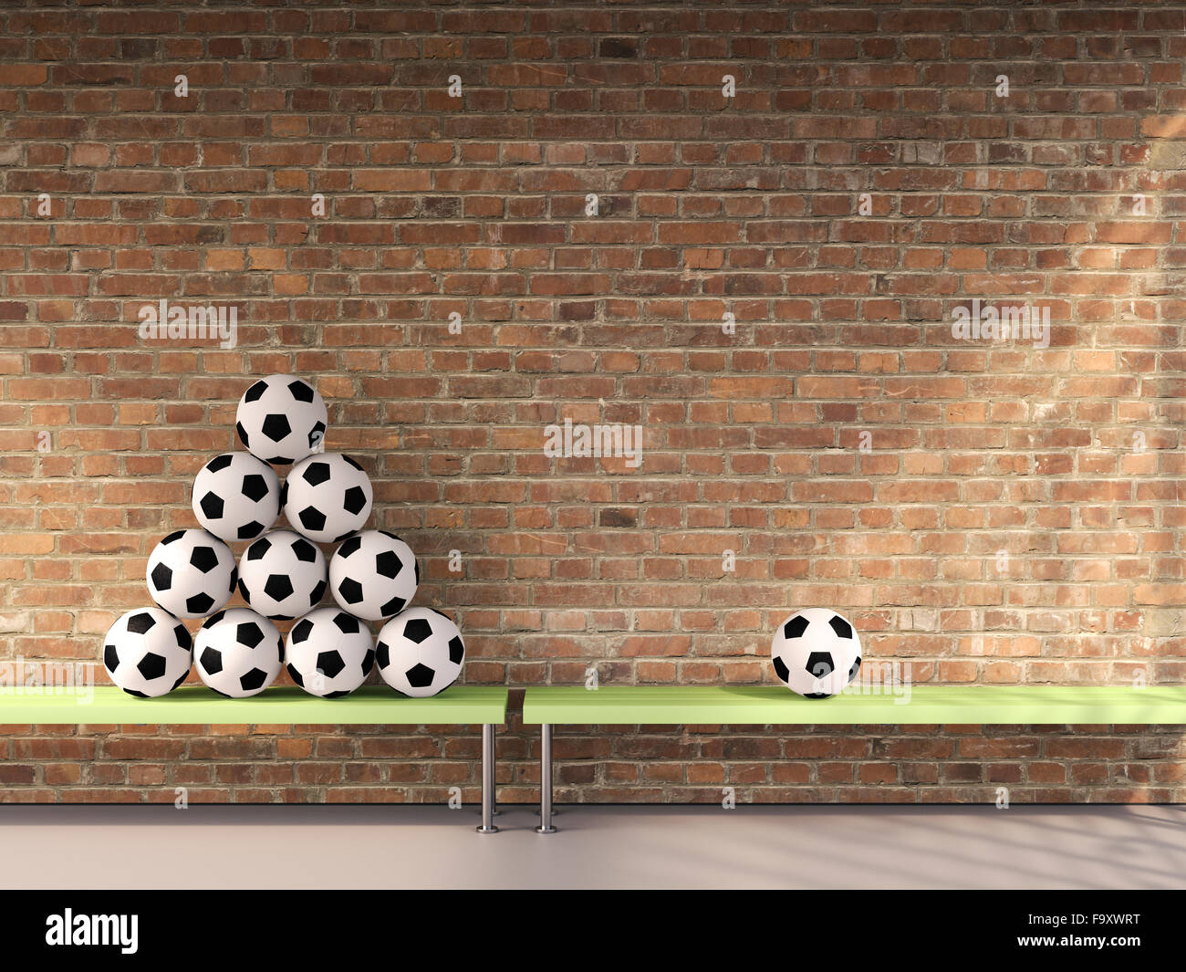 Stack und einen einzigen Fußball auf den Bänken im Umkleideraum, 3D Rendering Stockfoto
