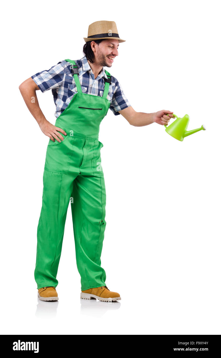 Junge fröhlich Gärtner mit Gießkanne isoliert auf weiss Stockfotografie