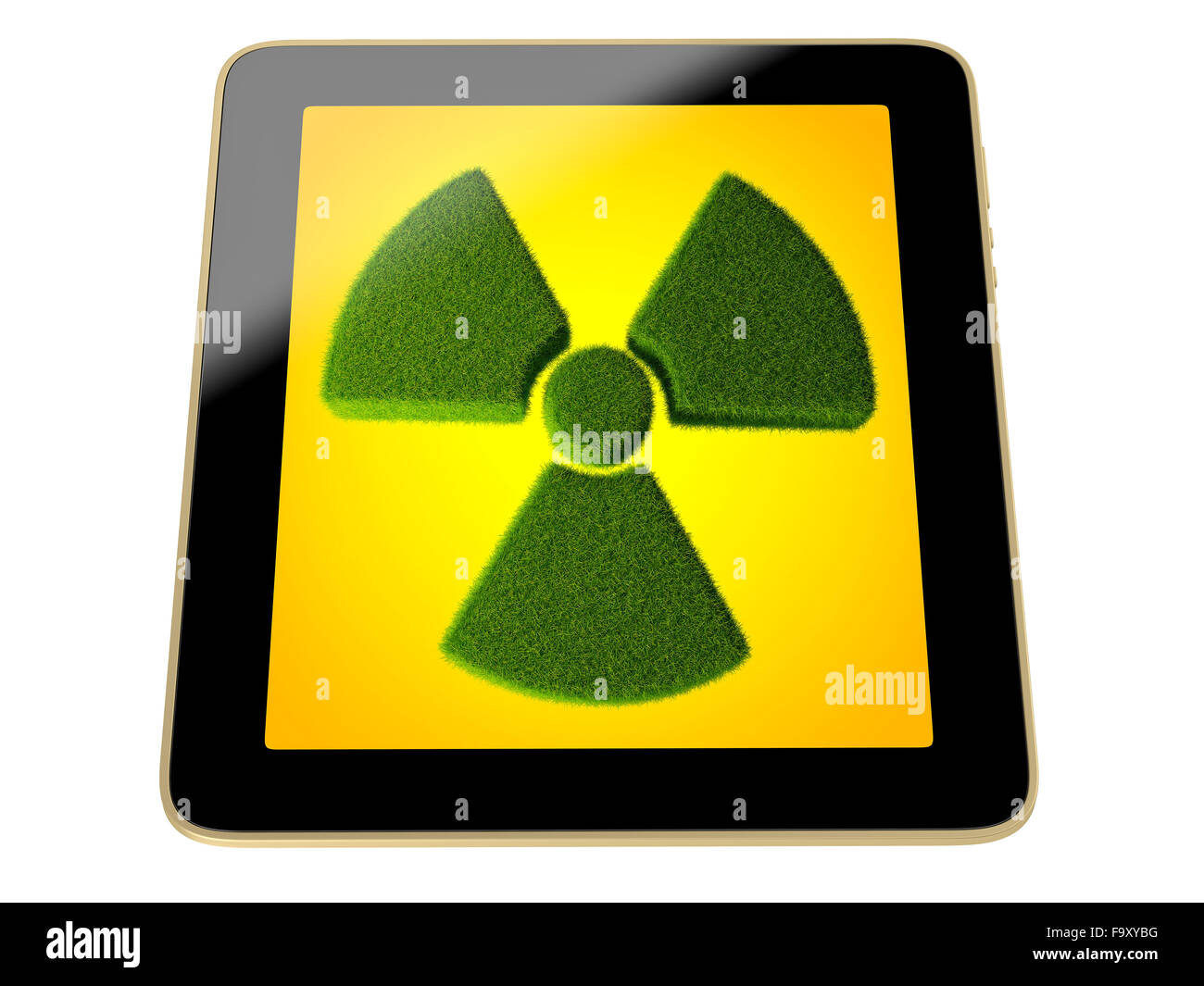 Tablet mit Radioaktivität Symbol gemacht vom Rasen auf dem Bildschirm Stockfoto