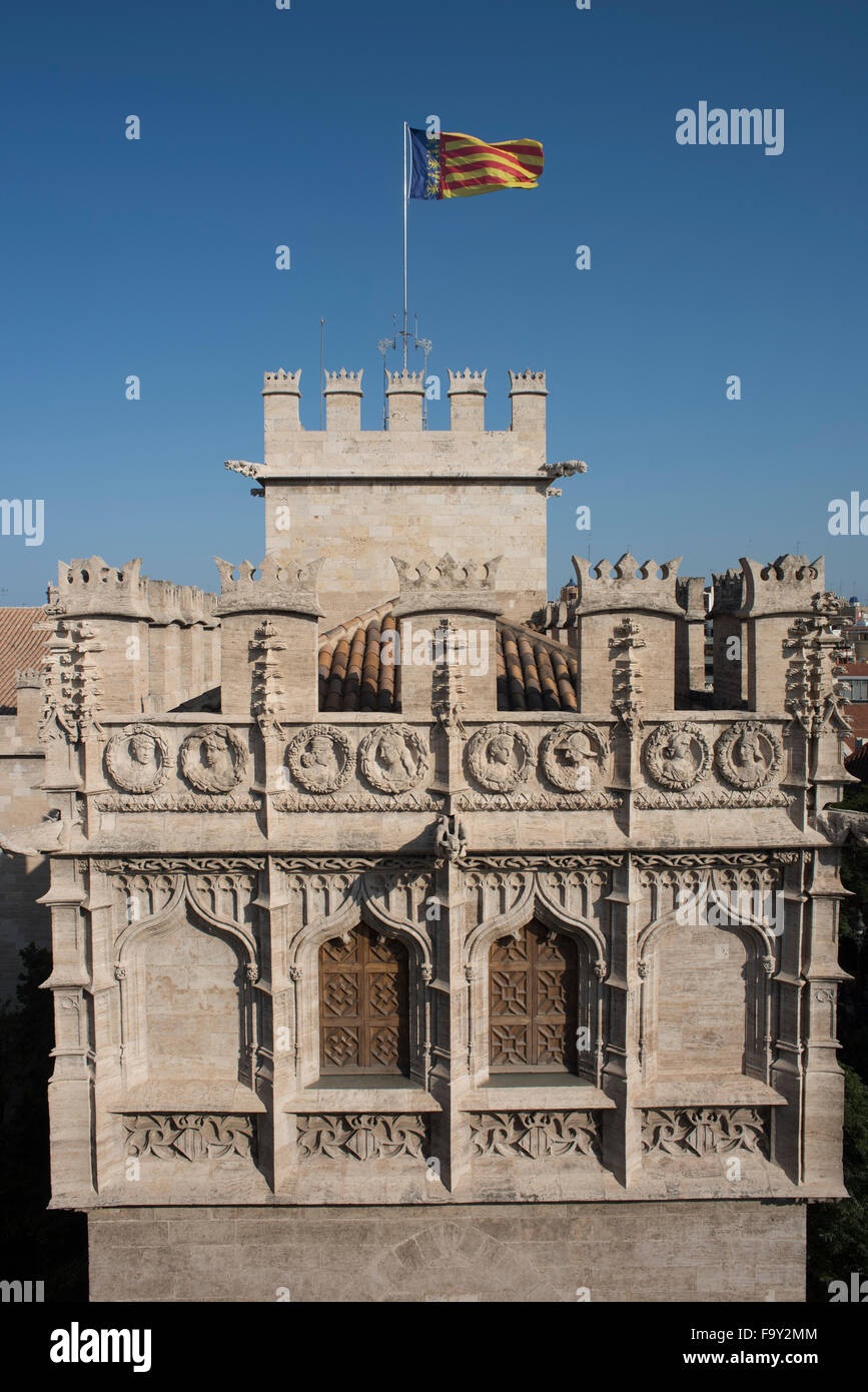 Blick auf La Lonja De La Seda aus Träger Dels Cordellats, Valencia, Spanien. Stockfoto