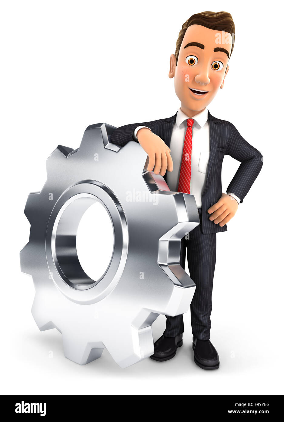 3D Geschäftsmann stützte sich auf ein Getriebe, isolierten weißen Hintergrund Stockfoto