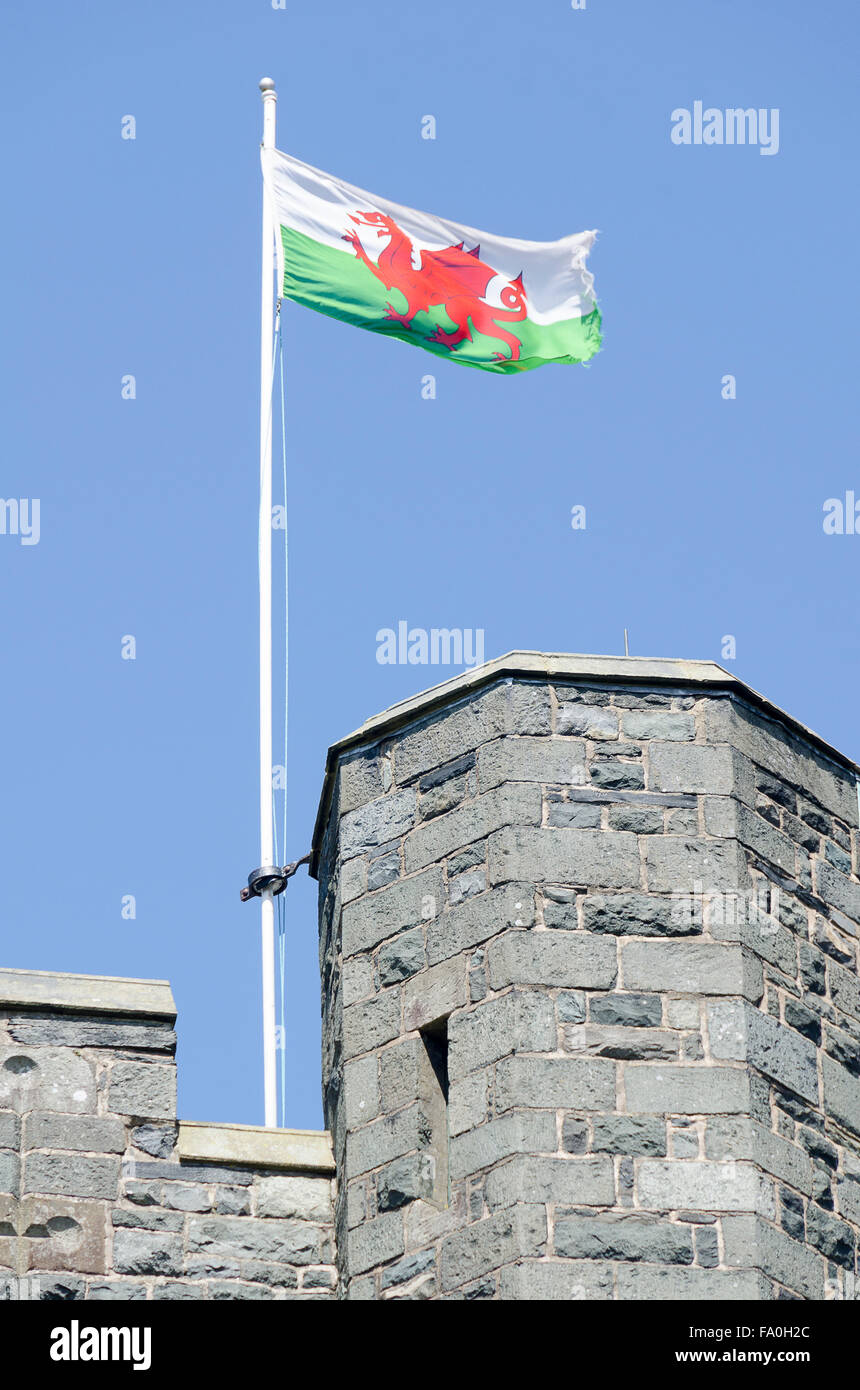 Walisische Flagge, den "roten Drachen", auf Schloss in Tywyn, ehemals Towyn, Cardigan Bay, Gwynedd, Wales Stockfoto