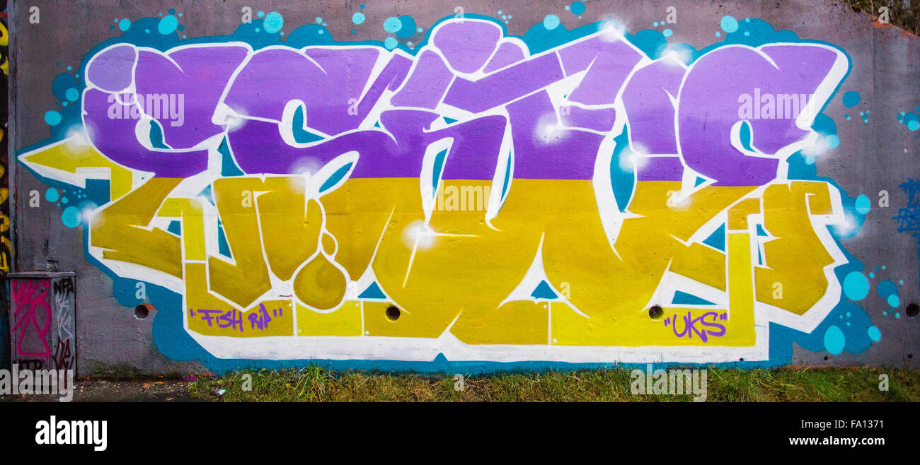 Graffiti-Kunst an Horbury Verzweigung U-Bahn, Wakefield, UK. Stockfoto